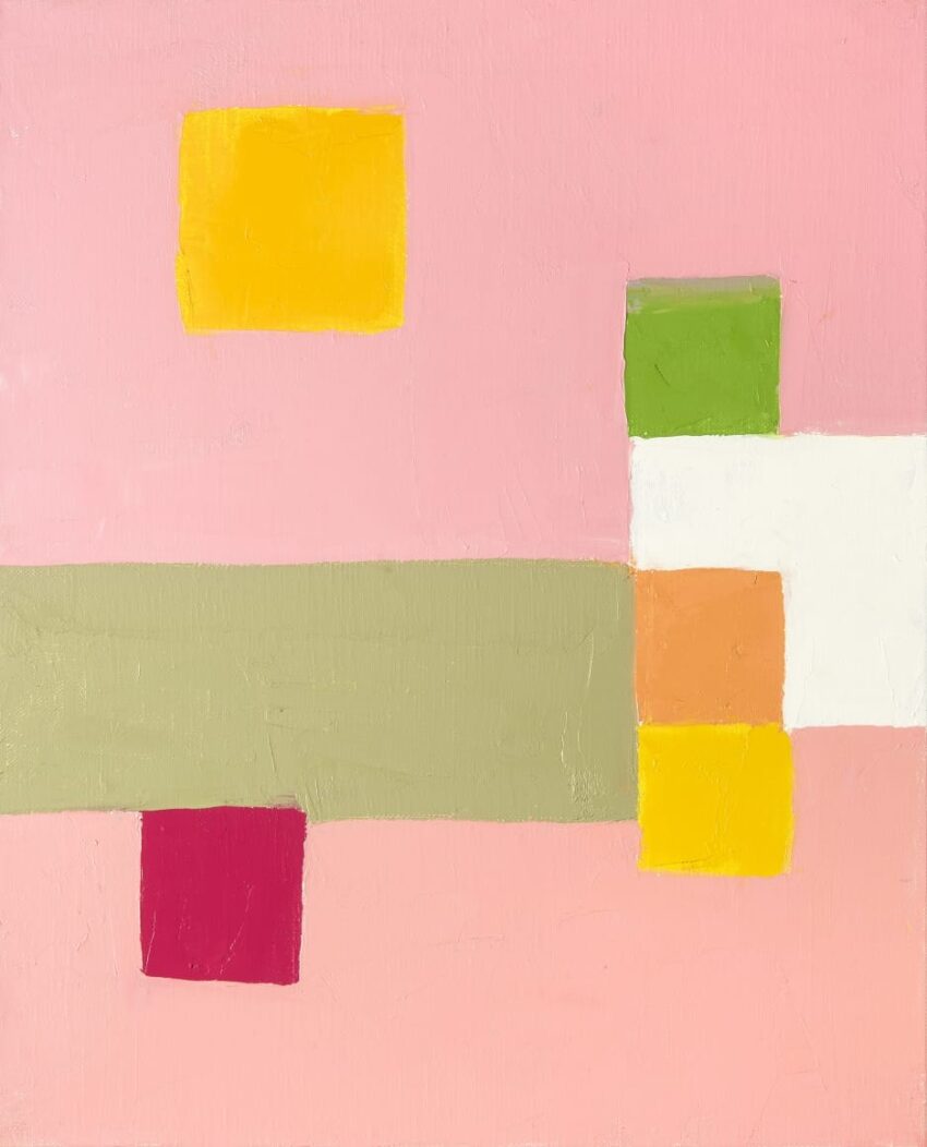 Abstract painting with pink background, green, yellow, red, and white geometric shapes in an asymmetric arrangement.