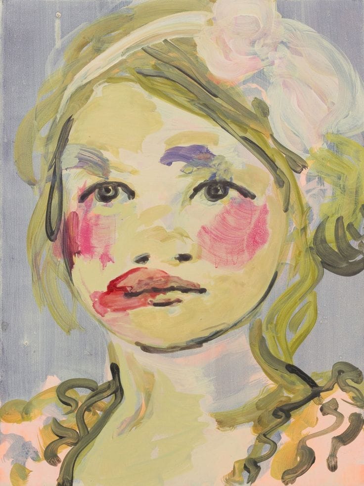 Abstract painting of a woman with colorful brush strokes on her face and hair against a muted background.