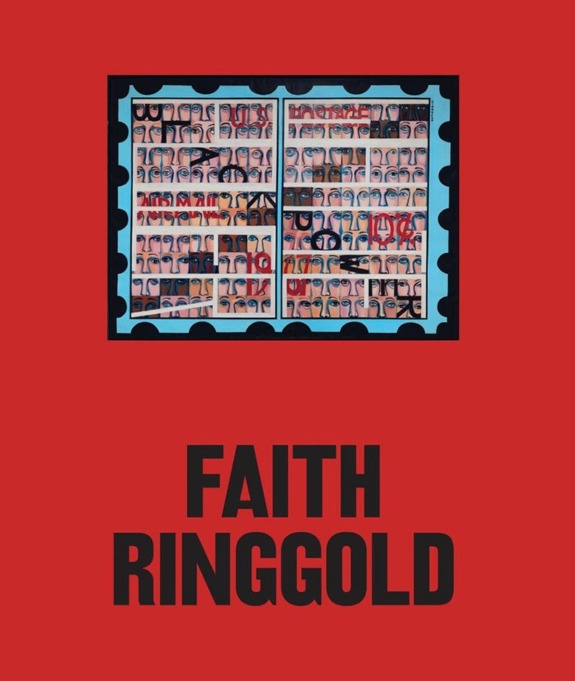 Colorful artwork featuring a grid of faces with varied expressions on a red background with the text Faith Ringgold below.
