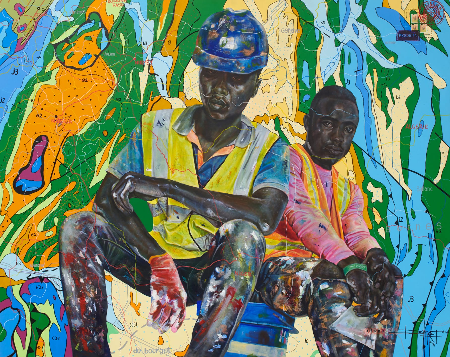 Two construction workers sitting against a colorful abstract map background, wearing safety vests and helmets.
