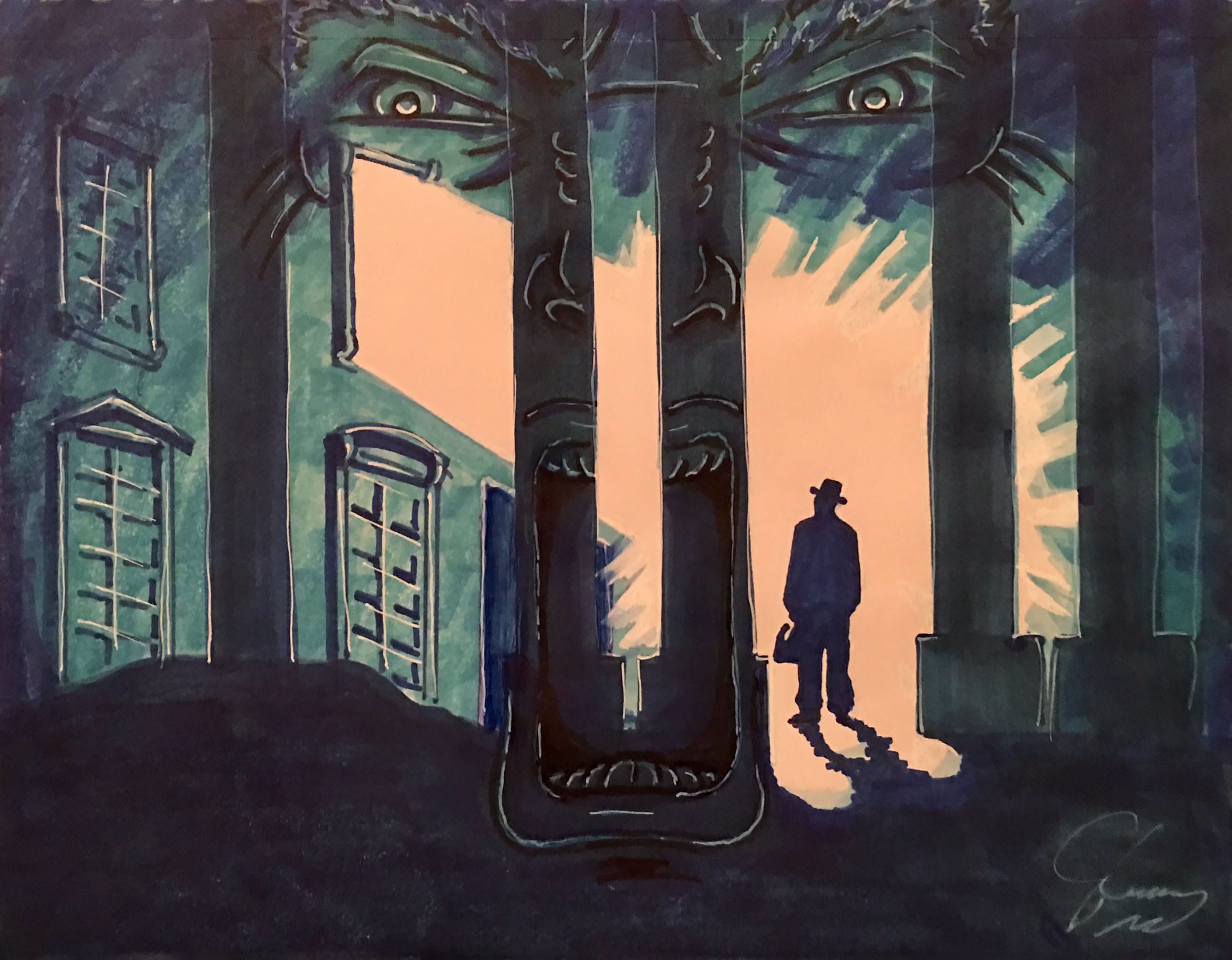Surreal artwork depicting a shadowy figure walking down a street, framed by large, ominous faces integrated into buildings.