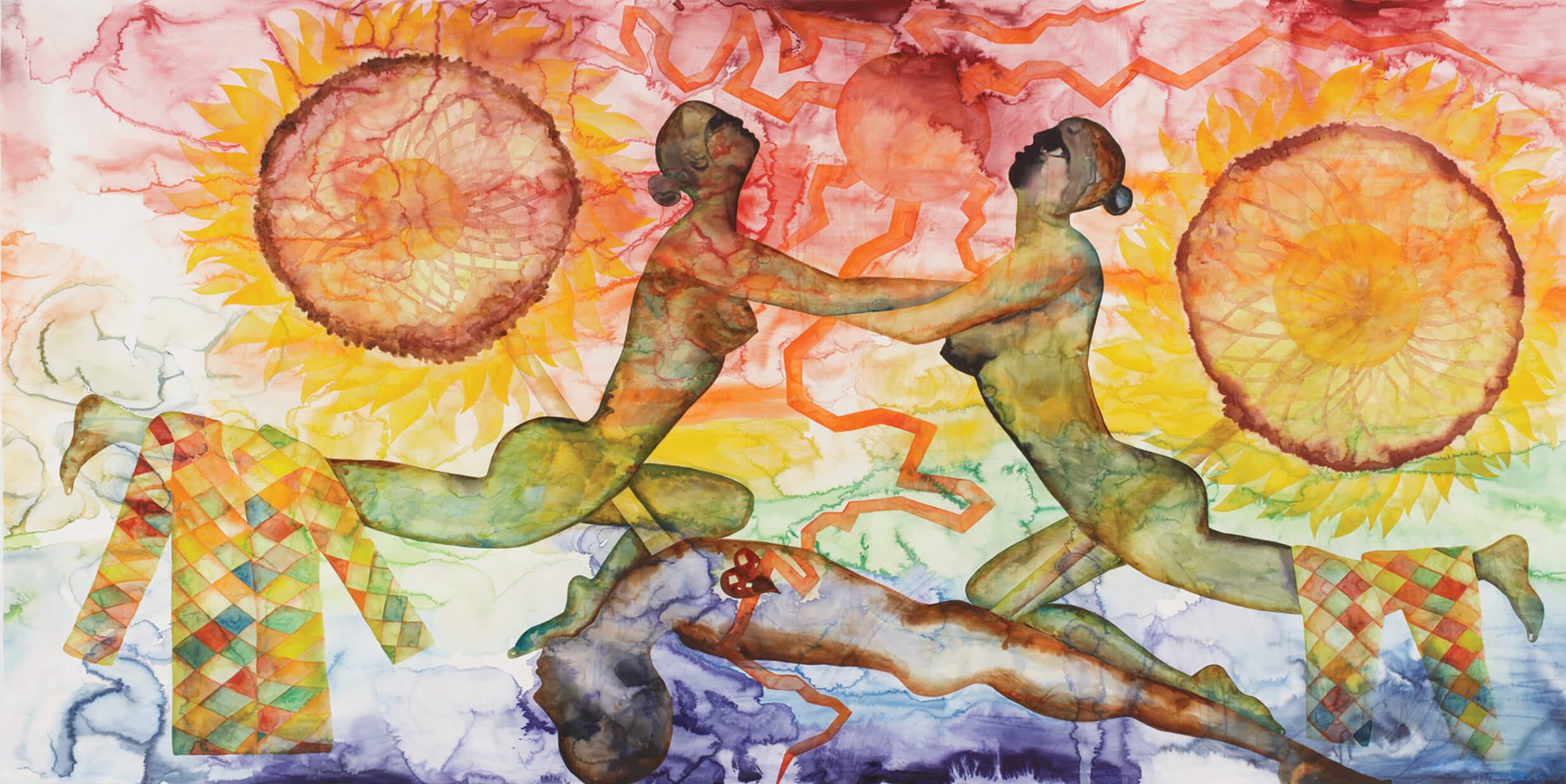 Abstract watercolor of three figures, sunflowers, and vibrant colors, conveying motion and connection.
