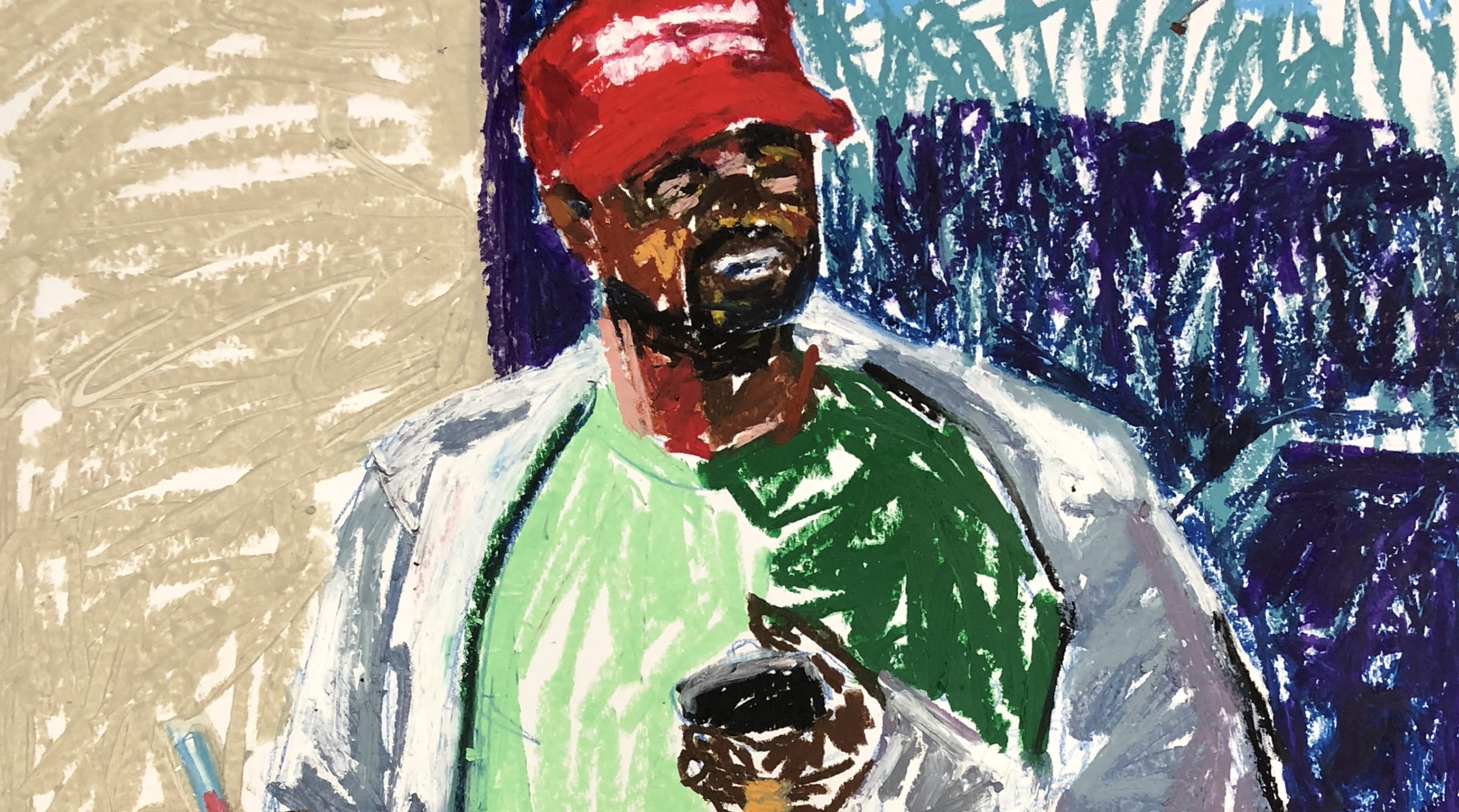 Abstract drawing of a person wearing a red cap, green shirt, and holding a phone against a colorful backdrop.