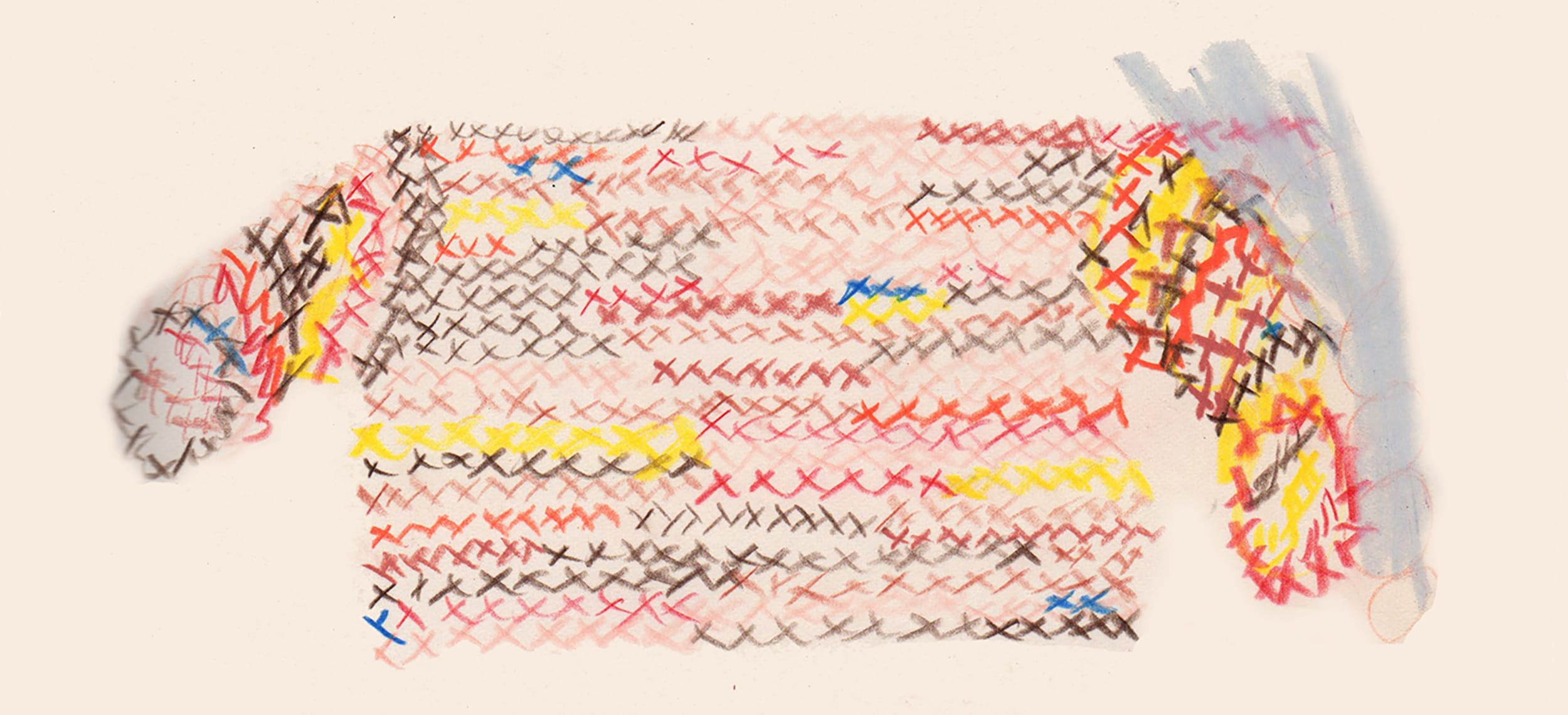 Colorful hand-drawn abstract sweater pattern with cross-stitch style designs on a light background.