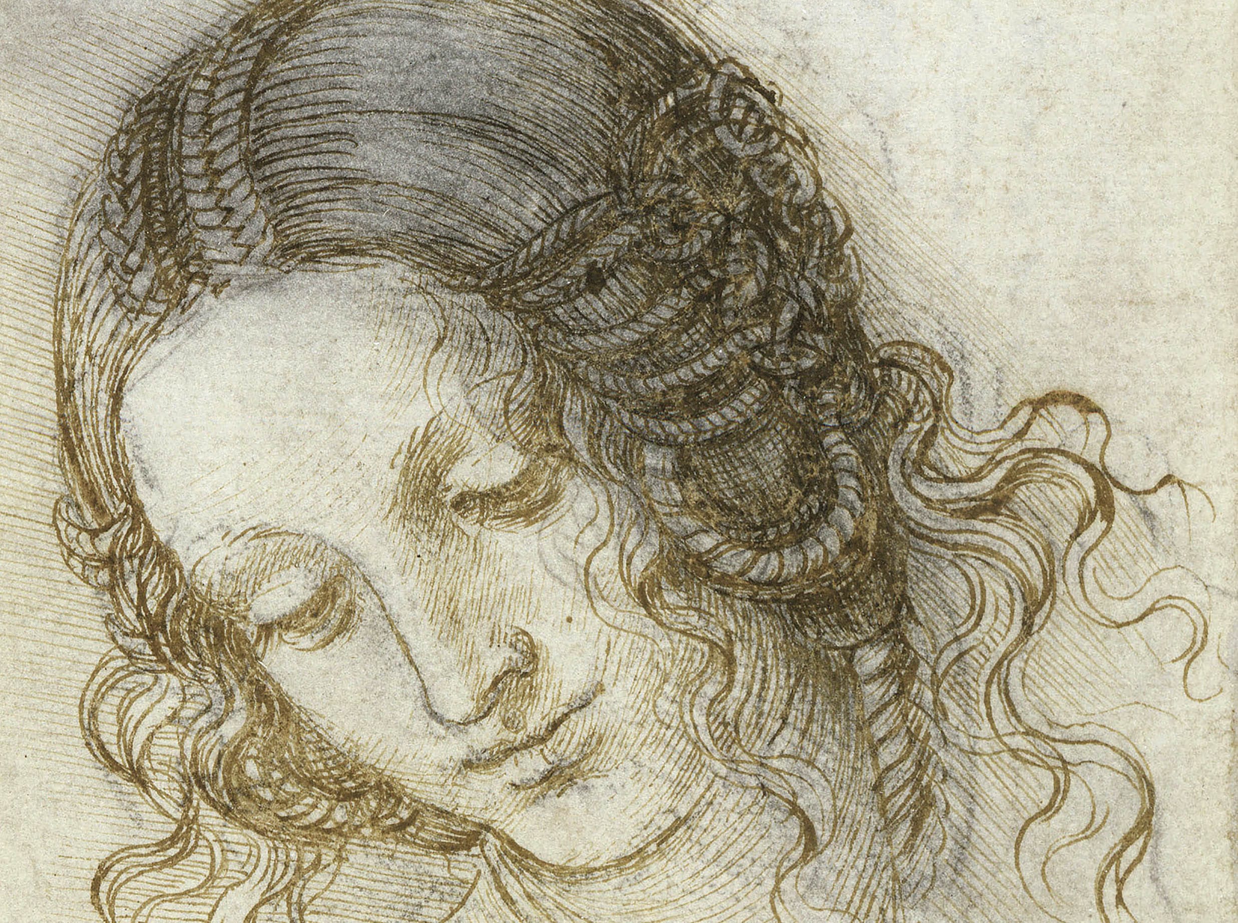 Renaissance drawing of a woman's head with intricate hairstyle, capturing delicate details of hair and facial expression.