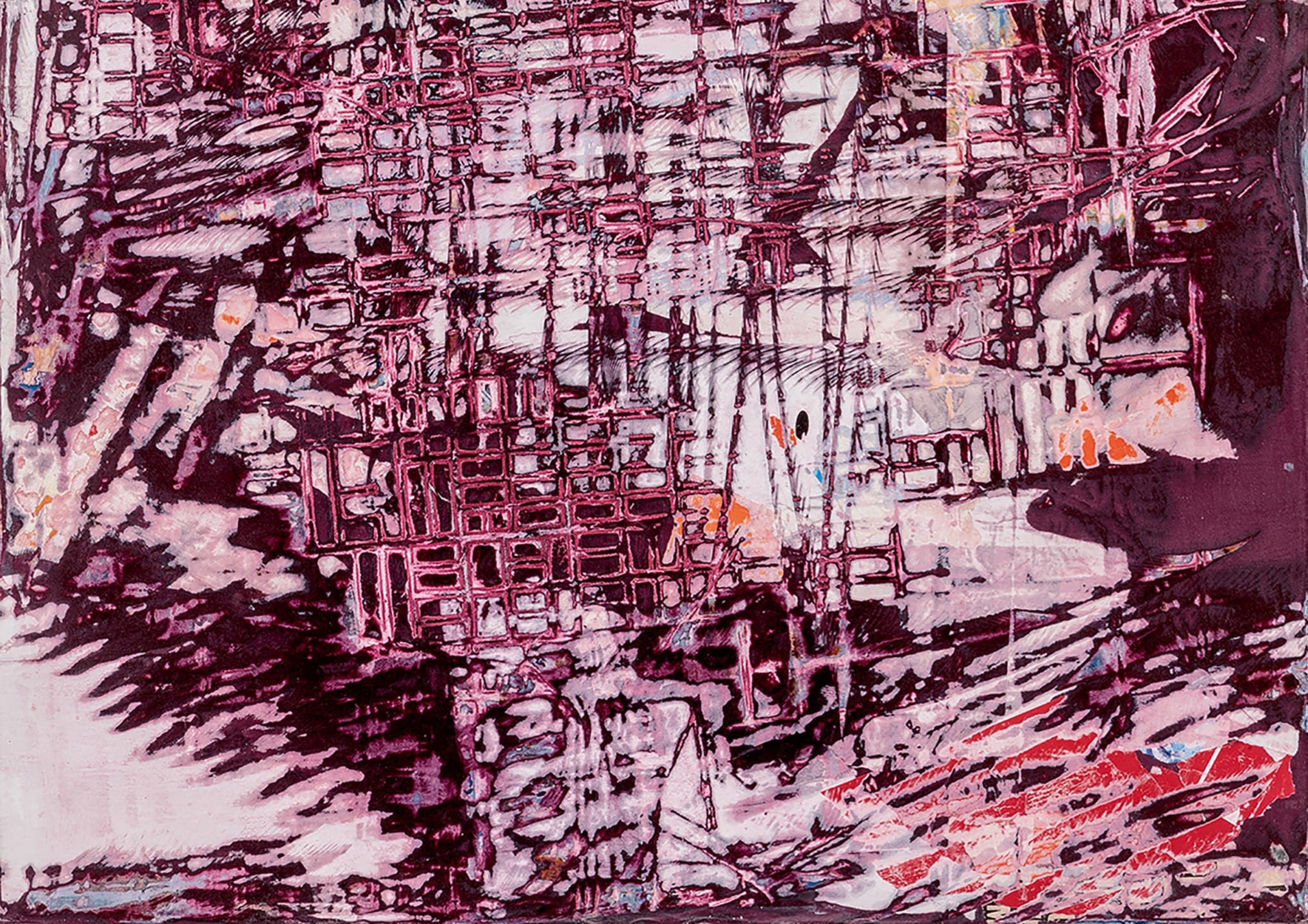 Abstract painting with a complex grid pattern in shades of purple, pink, and white, featuring dynamic, chaotic strokes.