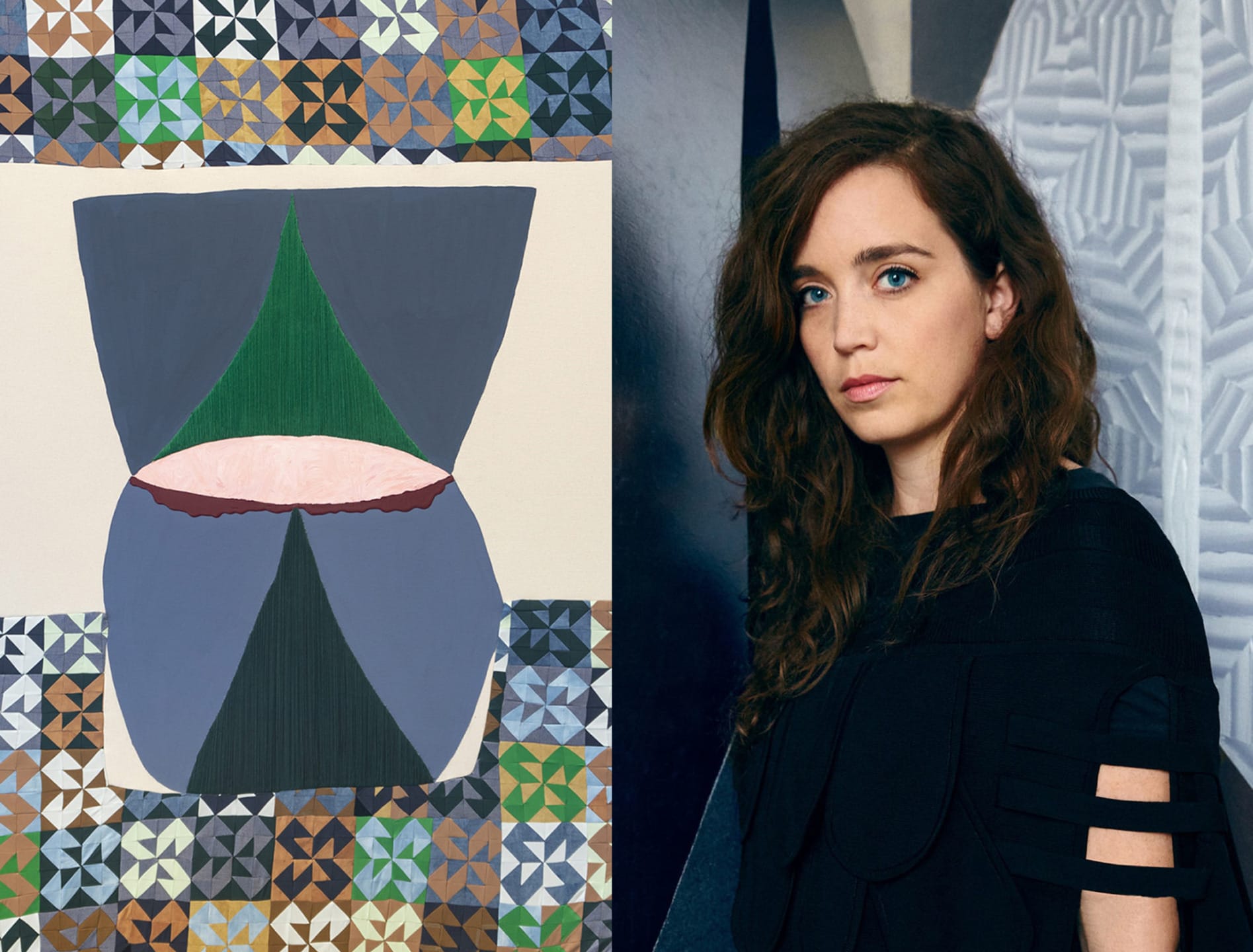 Abstract geometric artwork next to a woman with long brown hair and a black outfit.