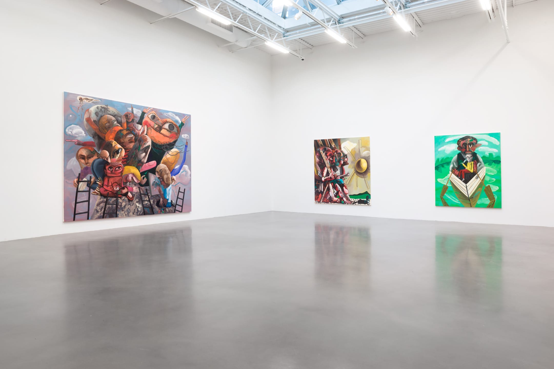 Art gallery interior with three colorful paintings on white walls, shiny gray floor, and bright overhead lighting.