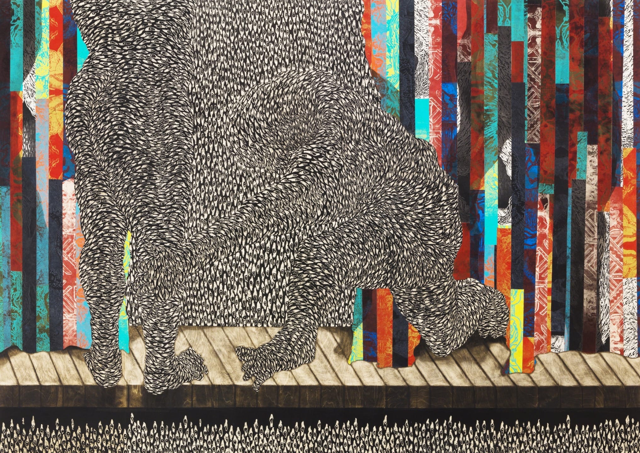 Abstract artwork with two textured figures in front of colorful vertical stripes and a patterned wooden floor.