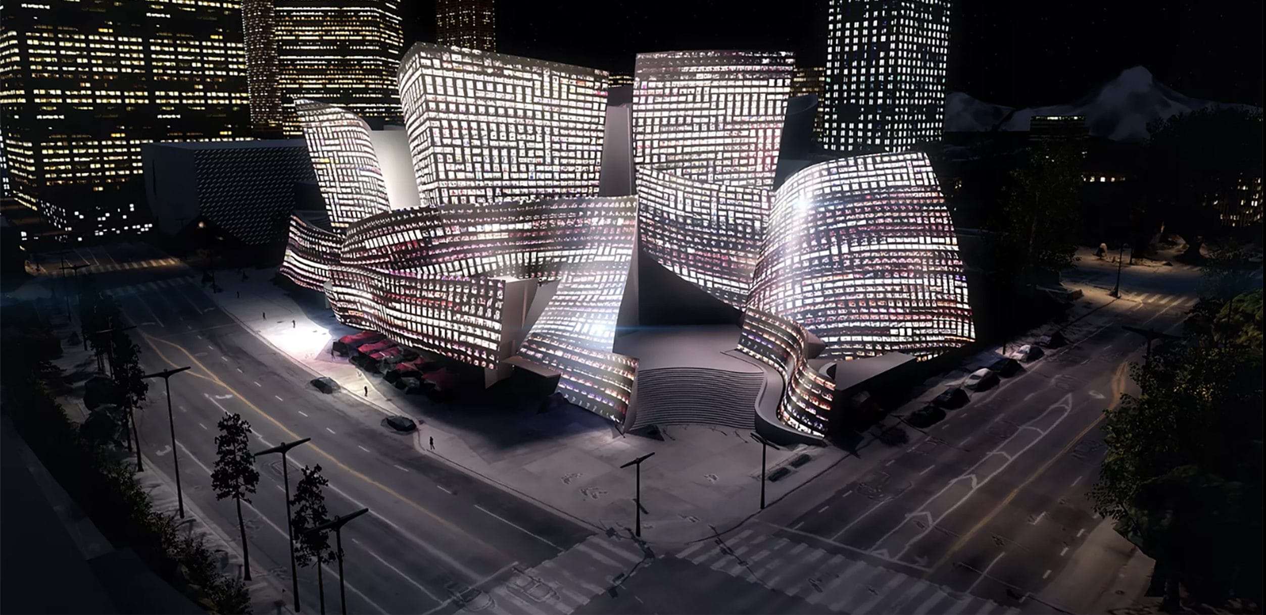 Futuristic building with illuminated, wavy facade at night, surrounded by city streets and high-rise buildings.