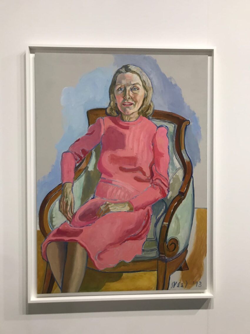 Painting of a woman in a pink dress sitting on a wooden chair, with a neutral background.