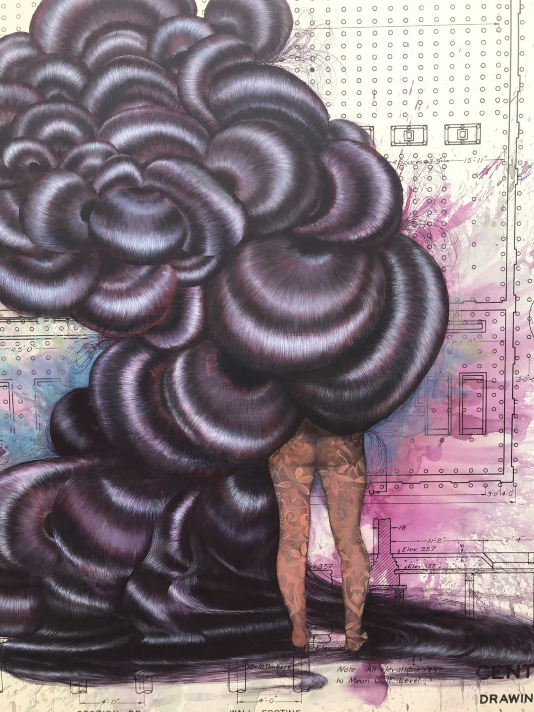 Surreal artwork of a person with intricate swirling hair patterns against a background of technical drawings.