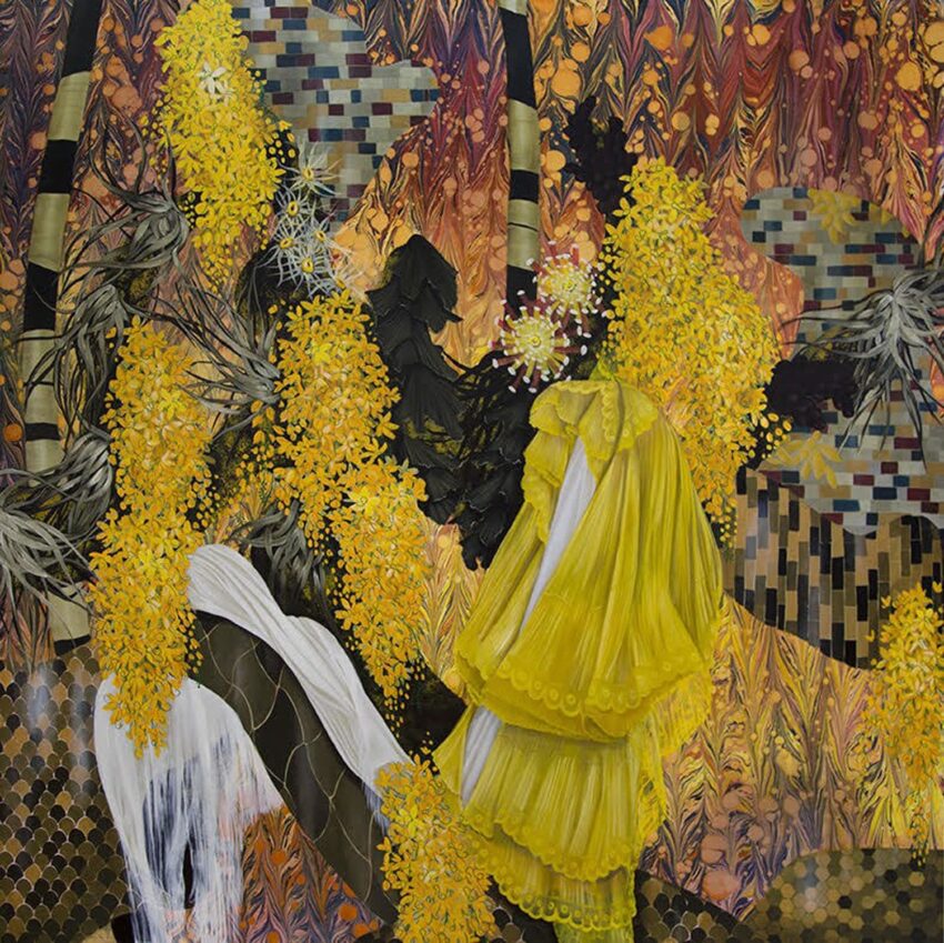 Abstract painting with vibrant yellows, intricate patterns, and layered textures featuring cascading foliage and geometric shapes.