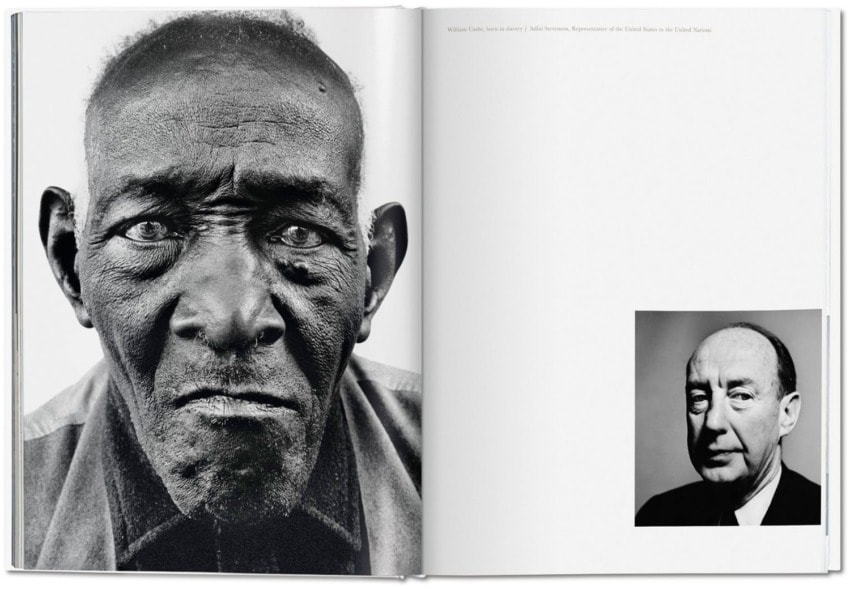 Black and white photo of an older man with a somber expression, alongside a smaller portrait of a bald man in a suit.