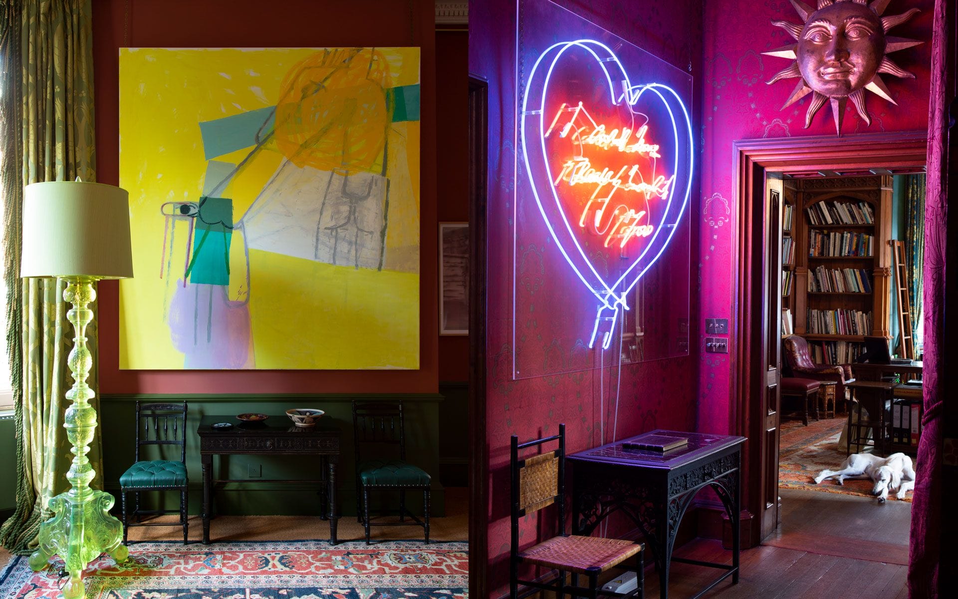 Eclectic interior with vibrant abstract art, vintage furniture, neon heart sign, and a dog resting in a cozy room.