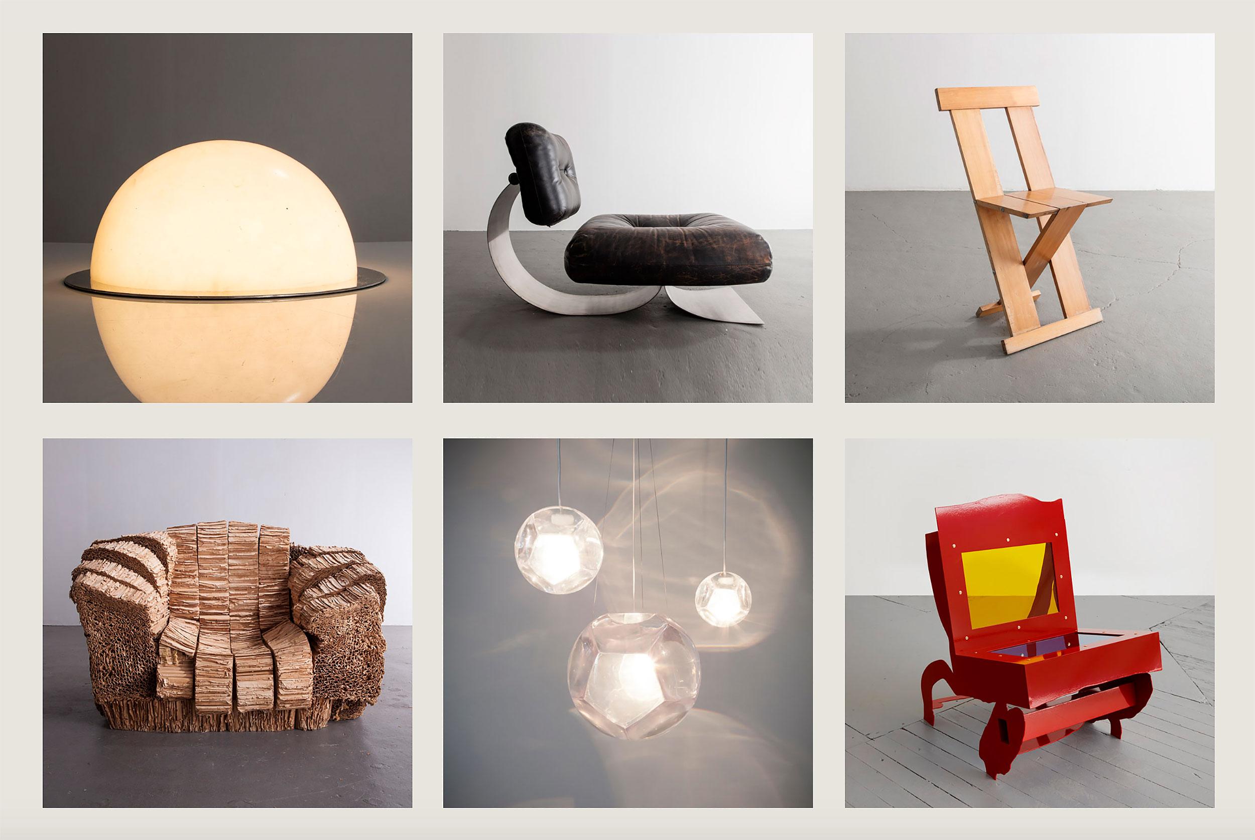 Collection of six unique chairs and light fixtures on display in a minimalist setting.