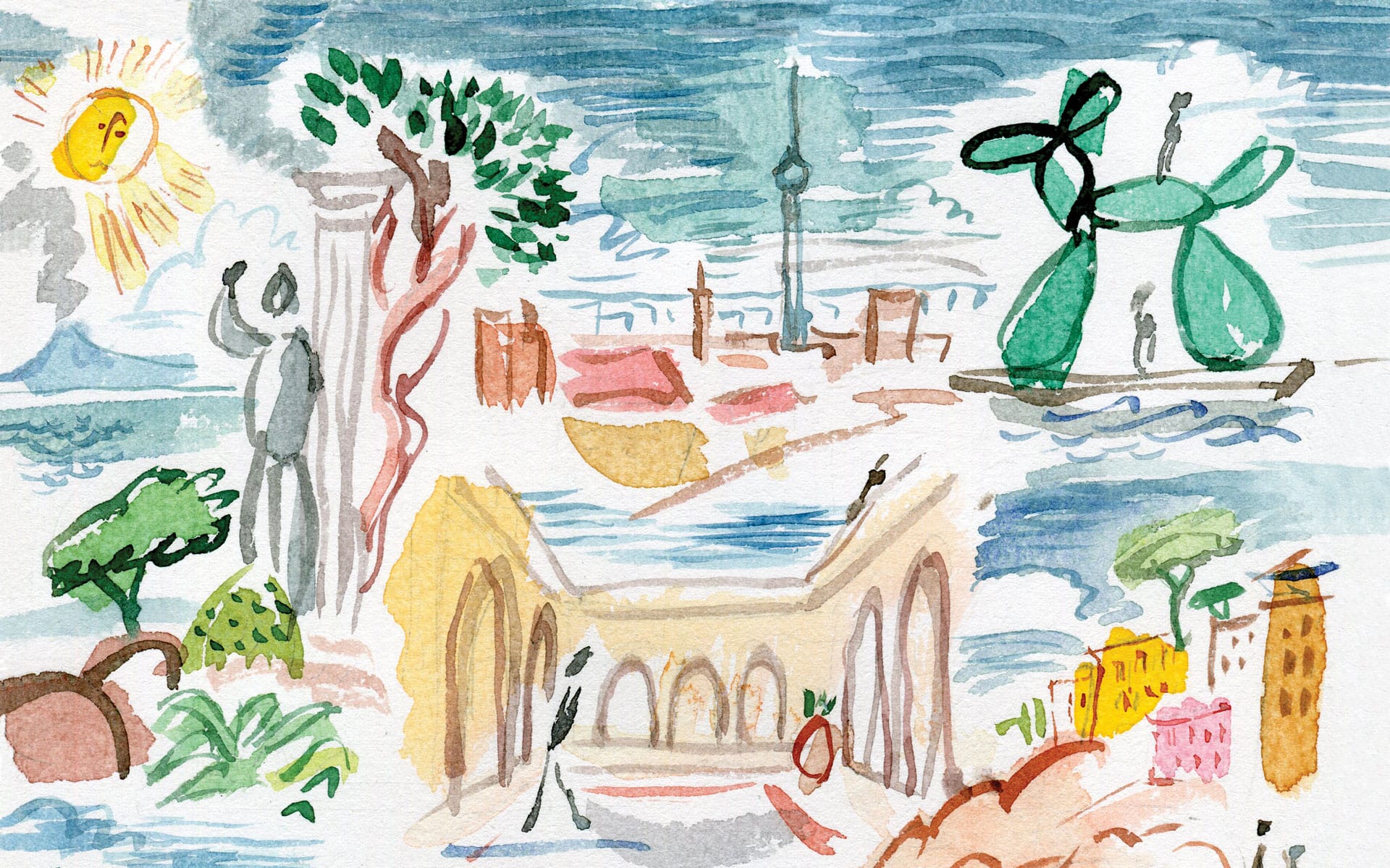 Colorful abstract painting depicting a surreal landscape with trees, architectural elements, and playful shapes.