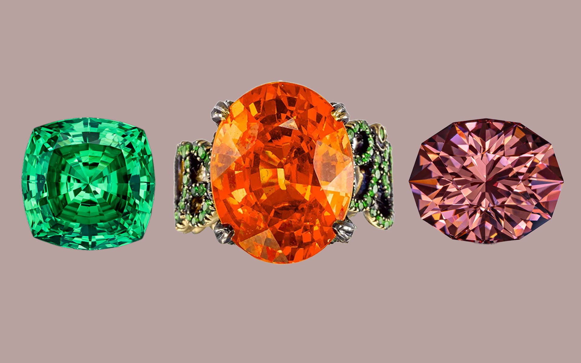 Three gemstones: green cushion-cut, orange oval-cut in a decorative setting, and pink round-cut on a neutral background.