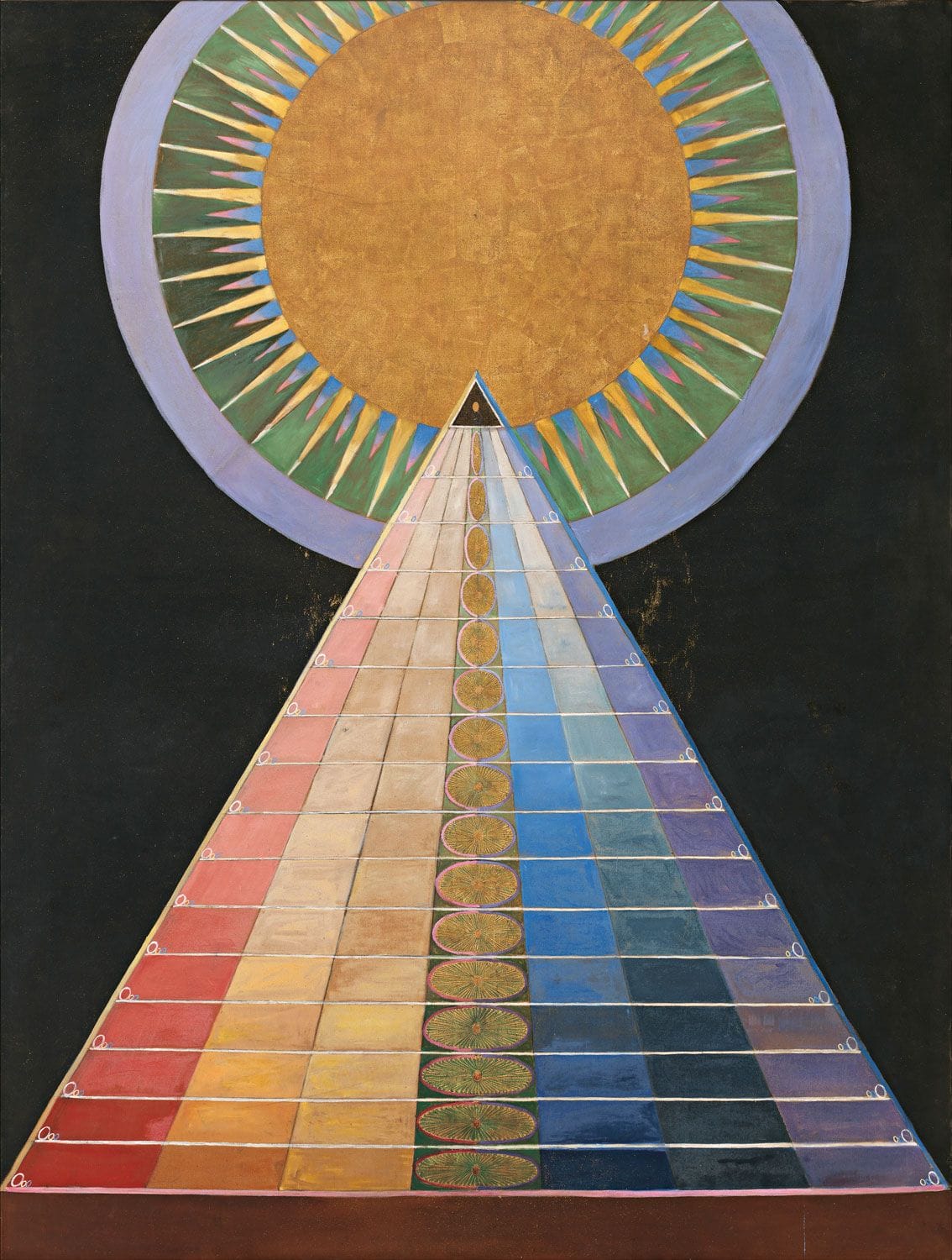 Abstract painting of a golden circle with sunburst pattern above a multicolored triangular structure on a dark background.
