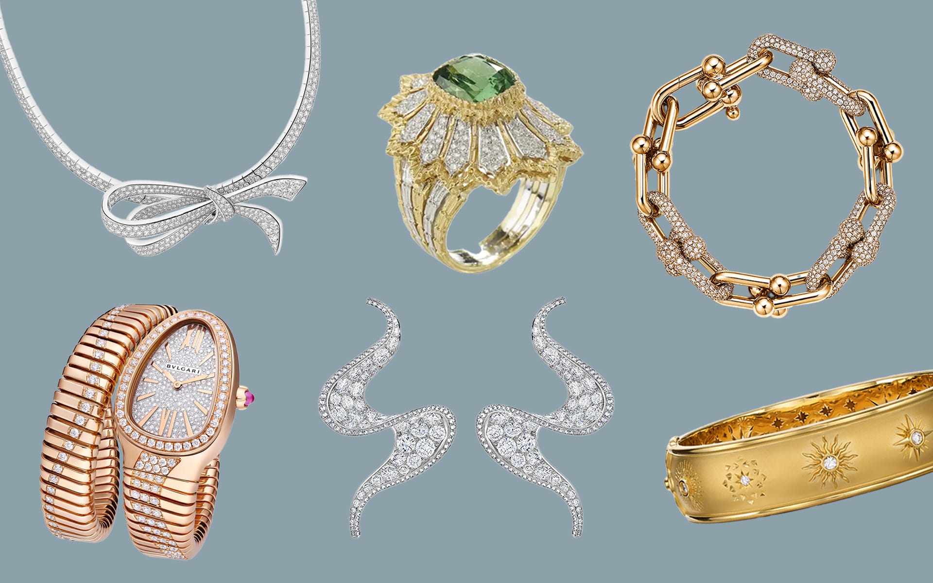 Jewels from Graff, Buccellati, Tiffany & Co. Temple St. Clair, Reza, and Bulgari.