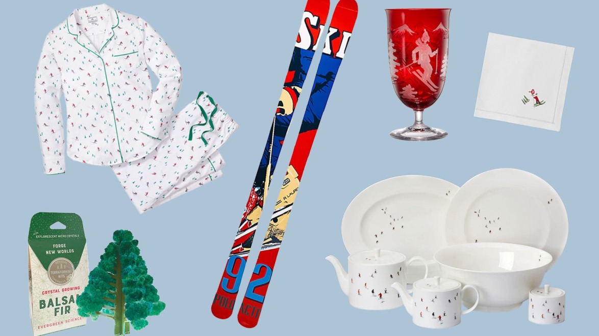Collage of ski-themed hostess gifts