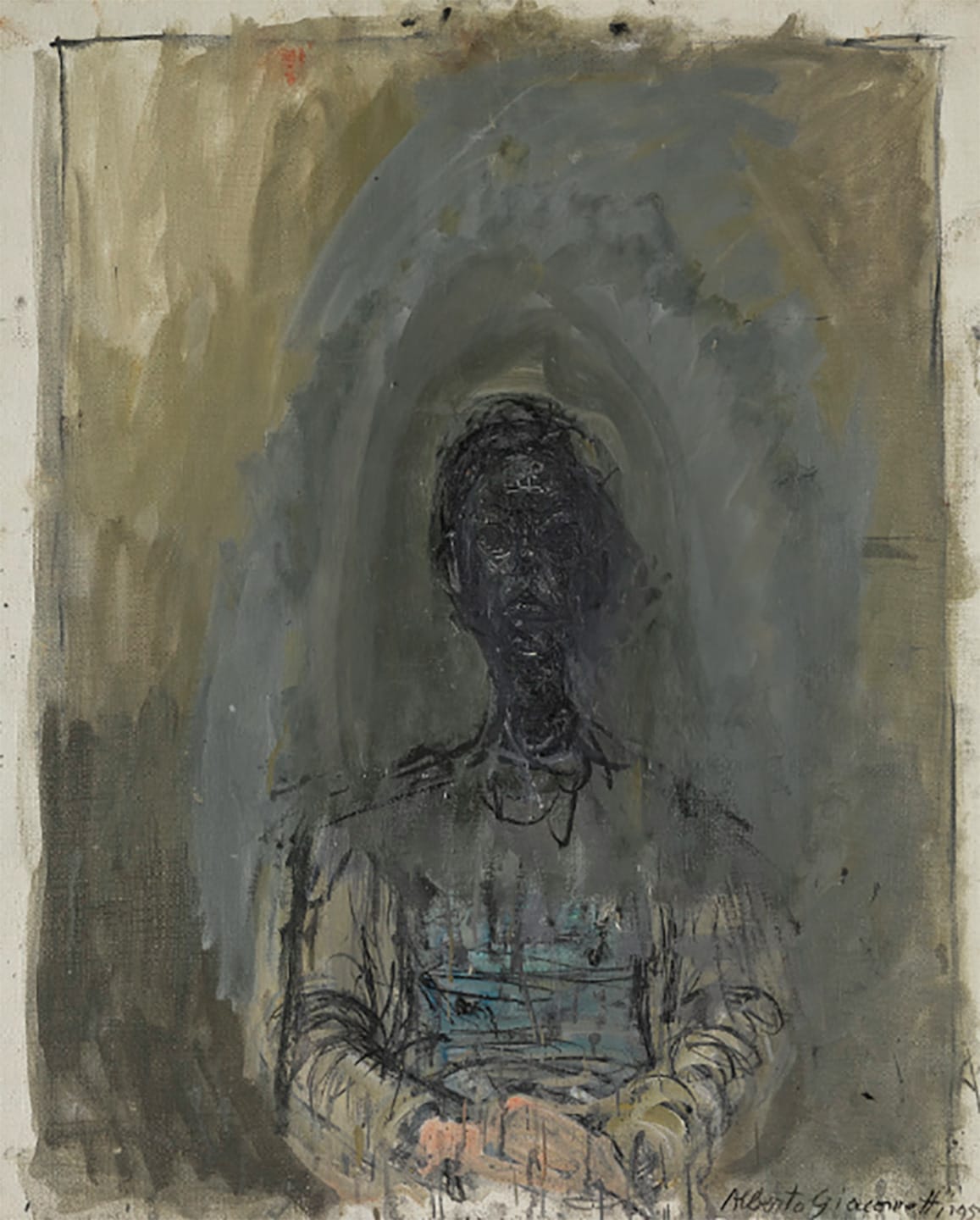 Abstract portrait painting with dark, textured figure against a muted background.