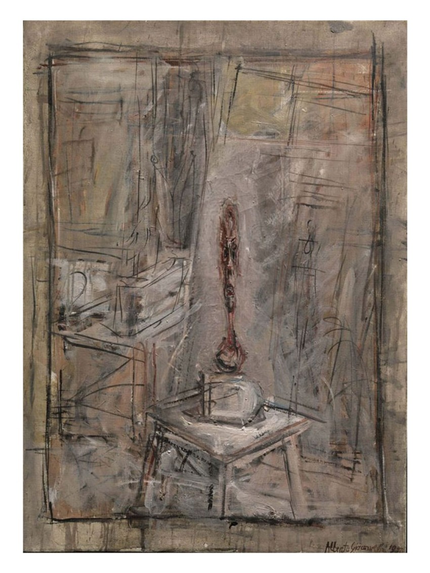 Abstract painting with muted colors depicting an elongated figure in a room with scattered furniture and textured brushstrokes.