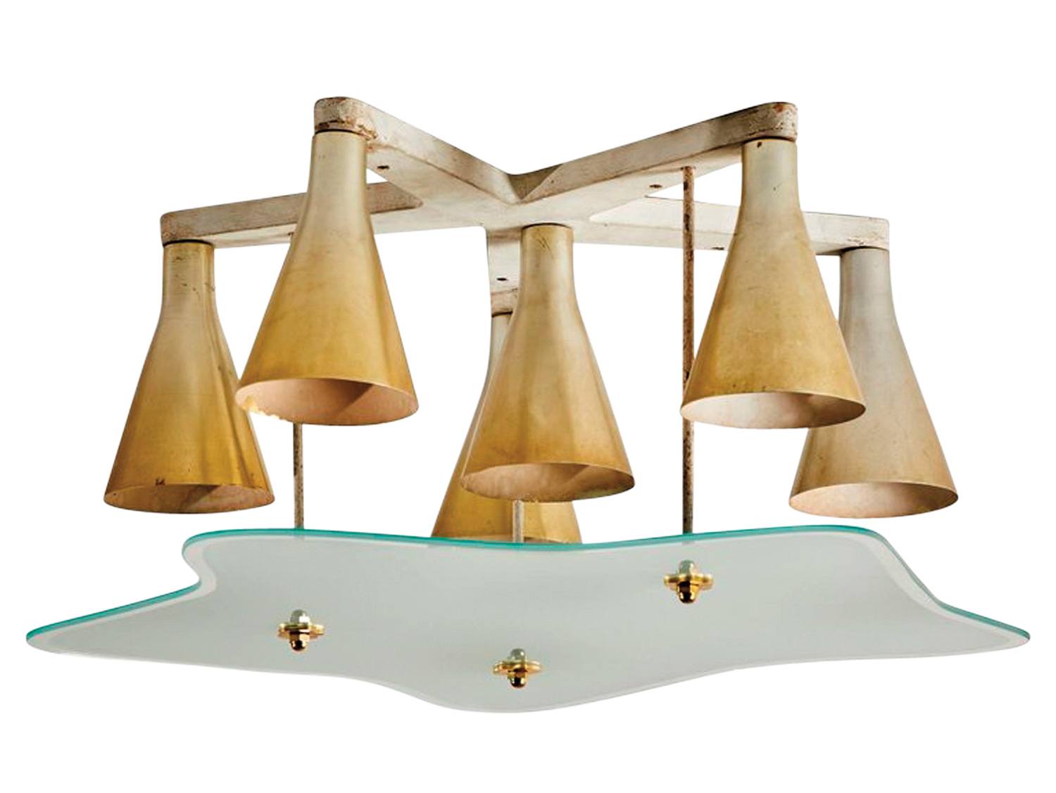 Vintage ceiling lamp with six cone-shaped brass shades and a wavy glass diffuser on a geometric metal frame.