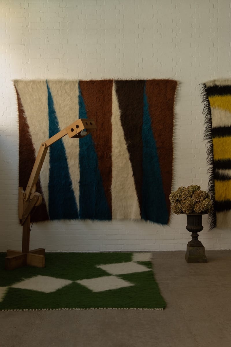 Decorative geometric rugs and vintage wooden lamp in a cozy room setting with a potted plant on the floor.