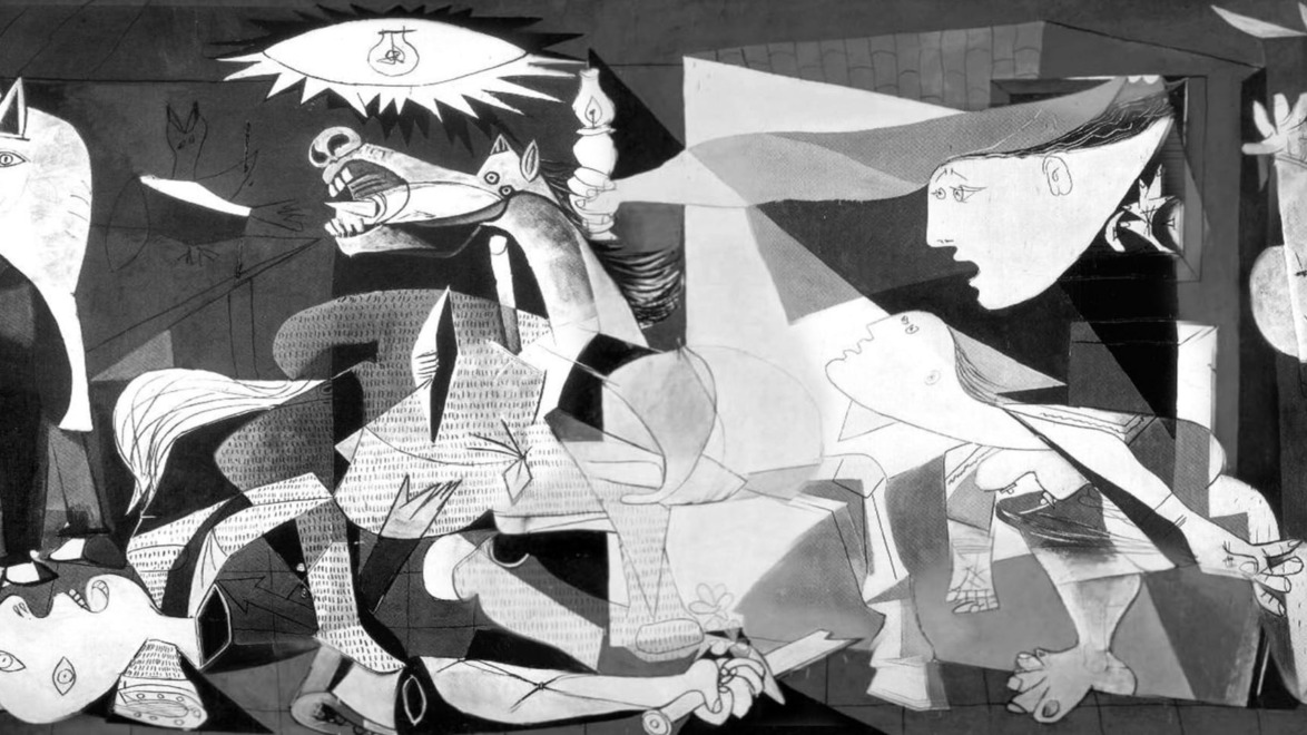 Abstract black and white painting with distorted human and animal figures, conveying chaos and distress.