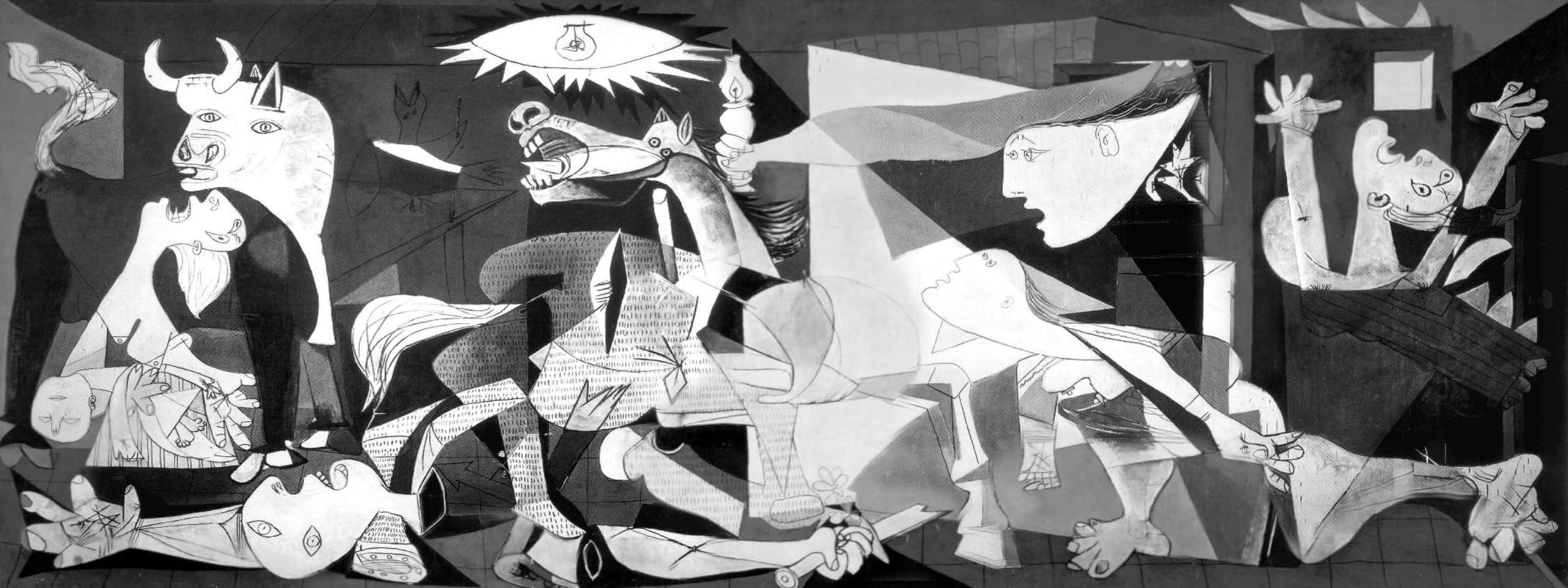 Abstract black and white painting with distorted human and animal figures, conveying chaos and distress.