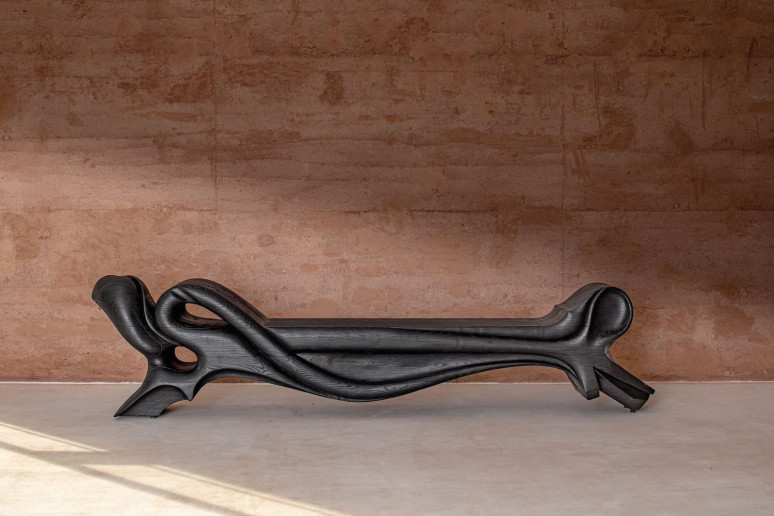 Sculptural black wooden bench with intricate design against a textured brown wall in a sunlit room.