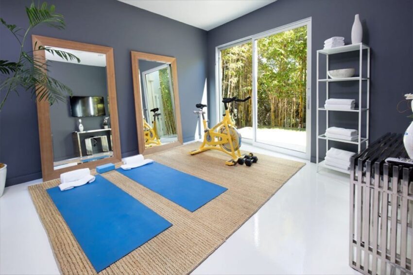 Home gym with exercise bike, two blue yoga mats on a woven rug, large mirrors, and a window overlooking greenery.