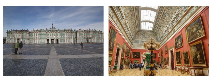 Exterior and interior views of a historic museum building, showcasing its ornate architecture and art collection.