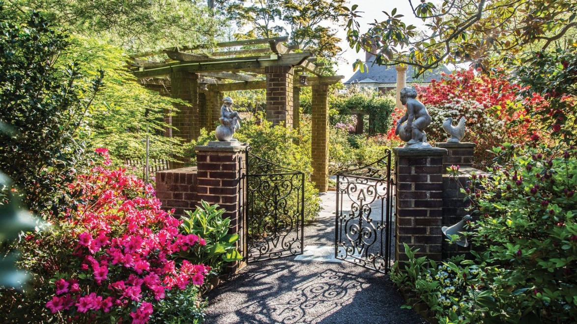 Beautiful garden entrance with ornate iron gate, surrounded by vibrant flowers and lush greenery under a clear blue sky.