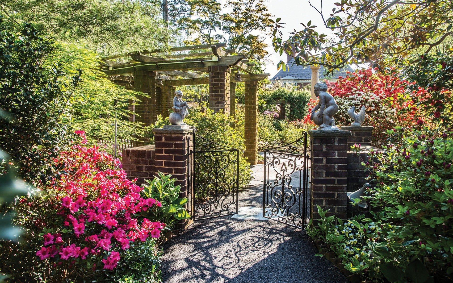 Beautiful garden entrance with ornate iron gate, surrounded by vibrant flowers and lush greenery under a clear blue sky.