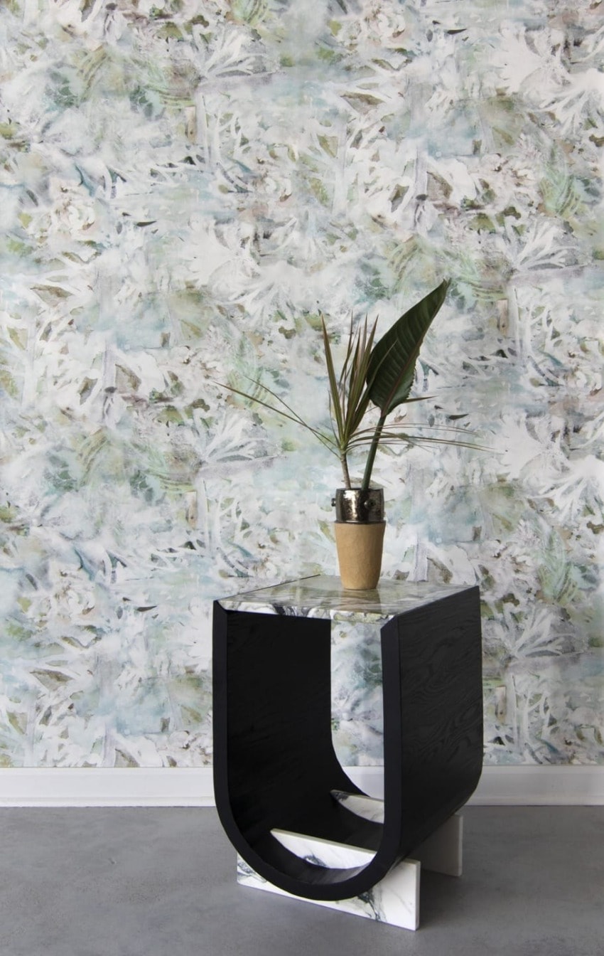 Decorative plant in a small pot on a modern black and white side table against a textured pastel wall background