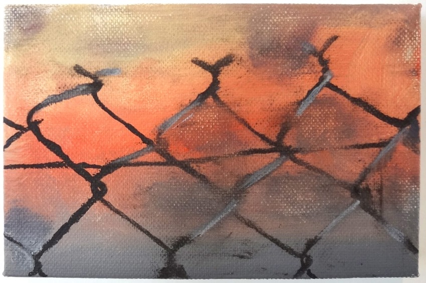 Abstract painting of a chain-link fence with a vibrant orange and gray background.