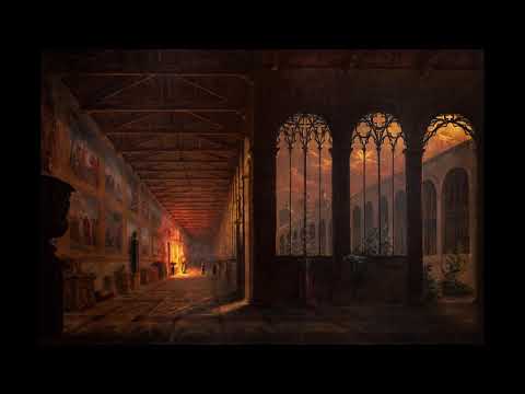 Ancient corridor with stained glass windows, illuminated wall paintings, and a dramatic sunset outside.