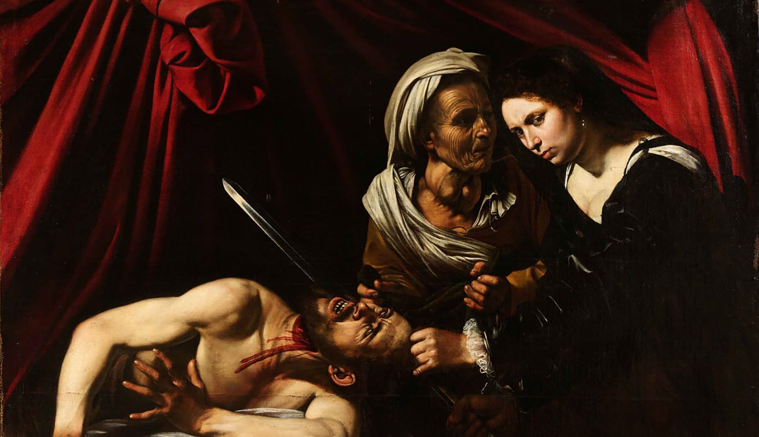 Painting of Judith and Holofernes with Judith holding a sword, assisted by an elderly woman, Holofernes' head partly severed.