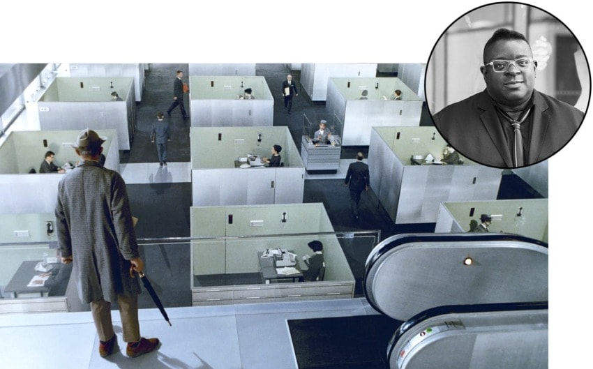 Man with umbrella overlooking modern office cubicles; inset, a person in a suit and tie.