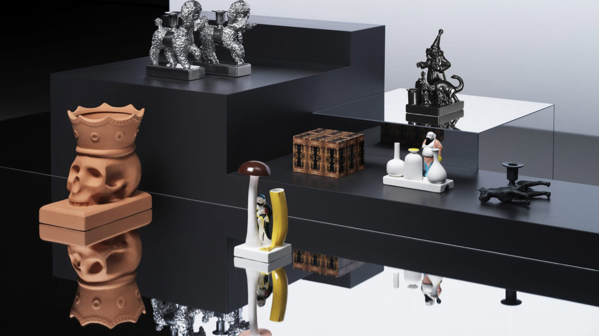 Artistic display of chess-themed sculptures on black and mirrored steps with skull, monkey, and humanoid designs.