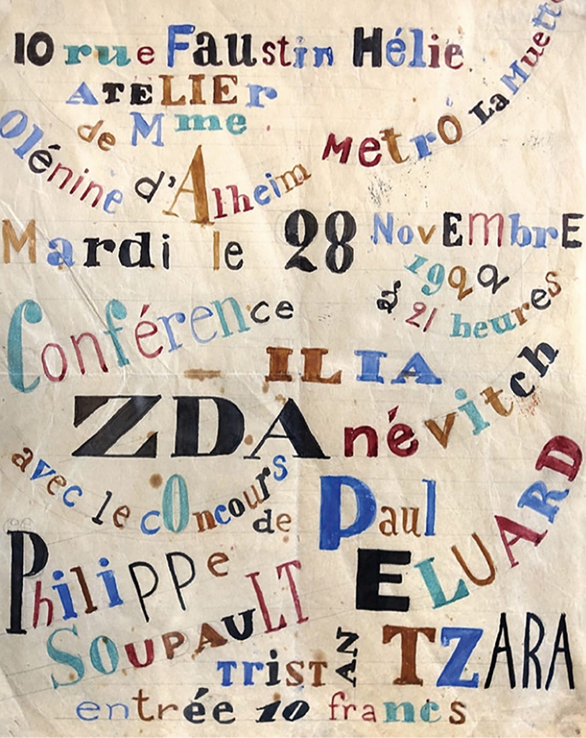 Colorful poster with playful, uneven lettering promoting a conference on November 28, 1929, featuring several speakers.