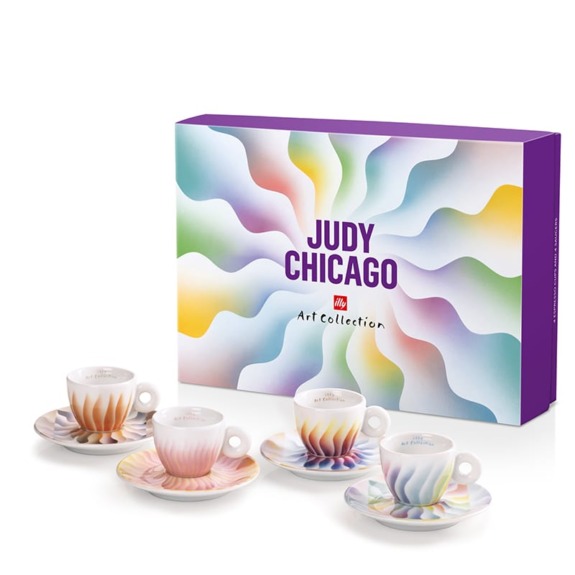 Colorful Judy Chicago Art Collection box with three artistic espresso cups and matching saucers in front.
