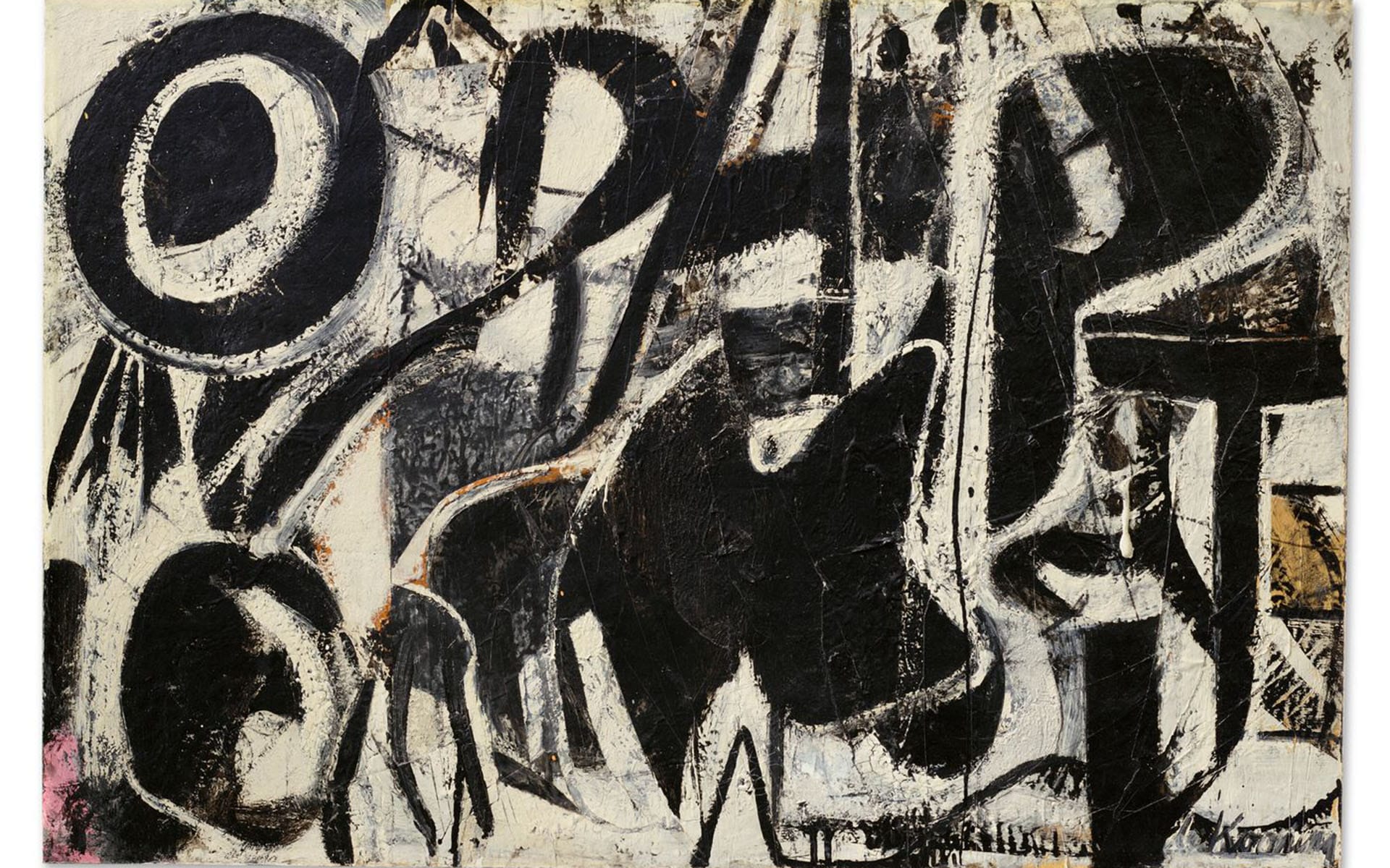 Abstract black and white painting with bold, chaotic brushstrokes and scattered letters in various sizes.