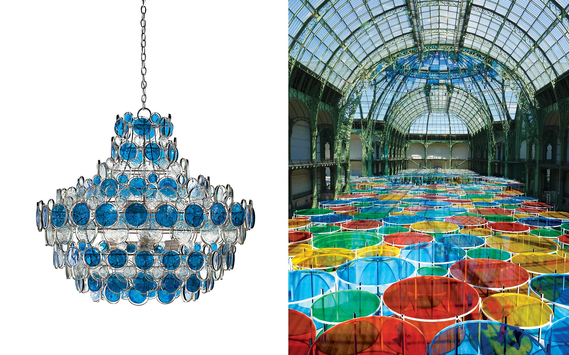 Left: blue and clear glass chandelier, right: large indoor hall with colorful circular installations on the floor.