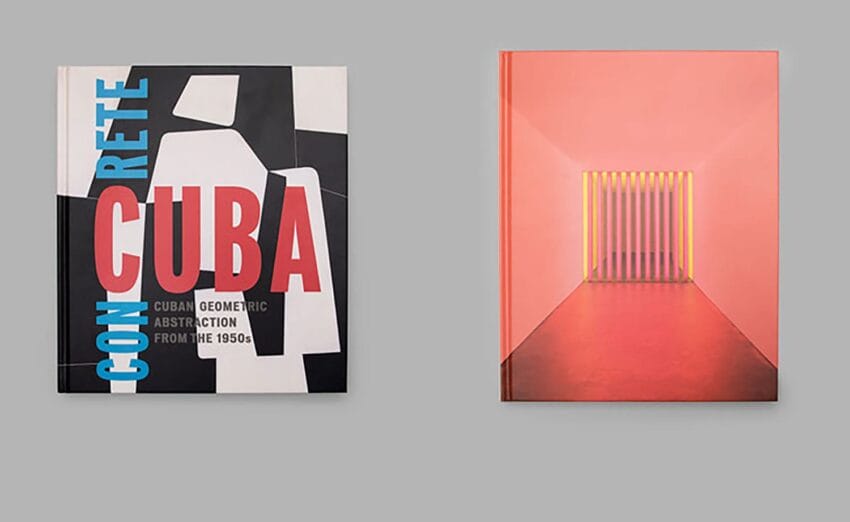 Two books on display: "Concrete Cuba" with bold geometric design, and a book with a pink geometric abstract cover.