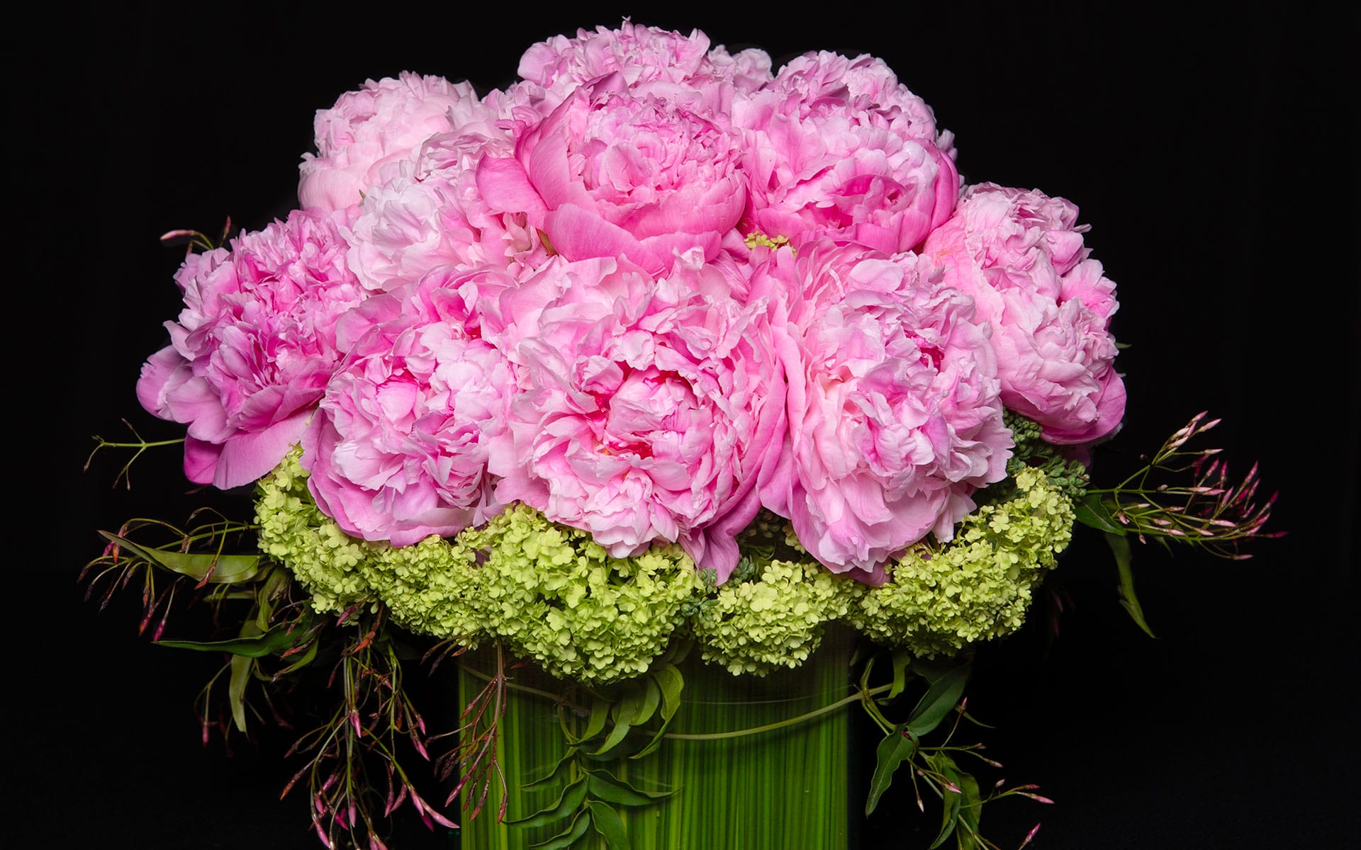 Pink peonies and green hydrangeas arranged in a circular bouquet against a black background.
