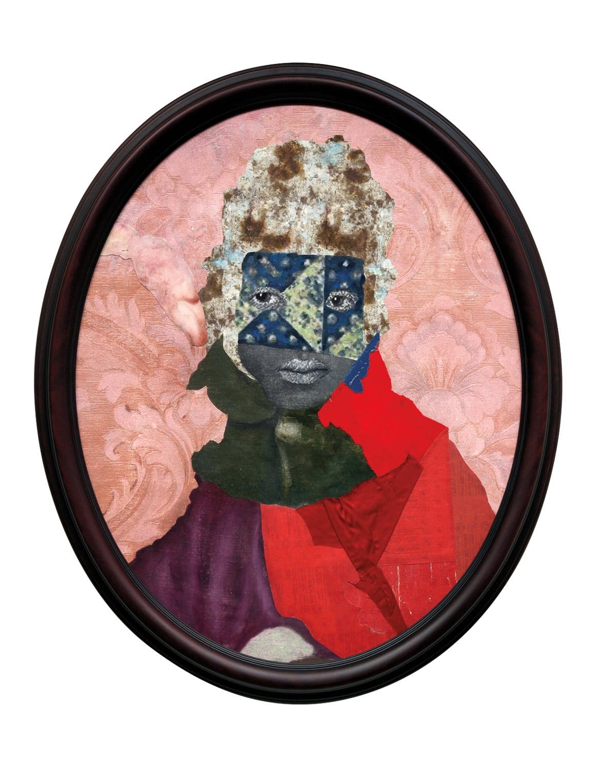 Framed artwork featuring a mixed media portrait with textured and patterned elements on a pink floral background.