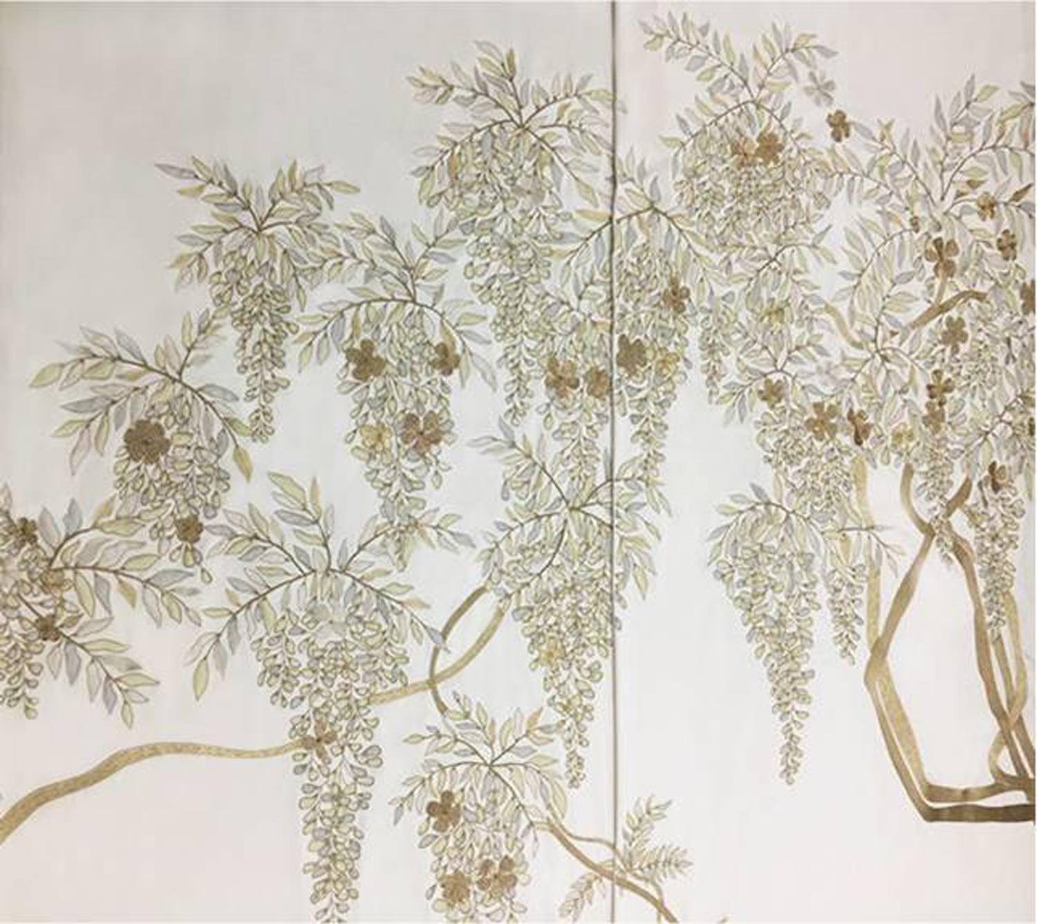 Wisteria branches with leaves and flowers elegantly cascading on a light background, creating a serene and artistic scene.